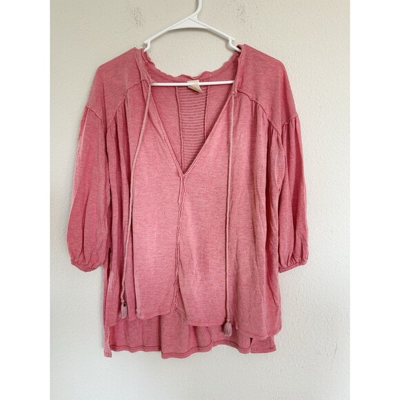 We the Free Oversized Thermal Top Long Sleeve Pink Tasseled Boho Blouse Size XS - Picture 1 of 6